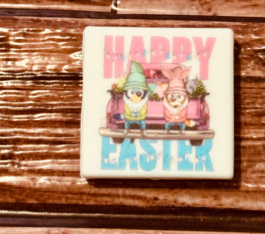 Blue Doggie & Friend Happy Easter Custom silicone bead- 1 bead