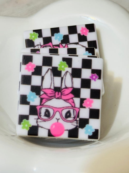 Checkered Bunny bubble silicone focal bead -1
