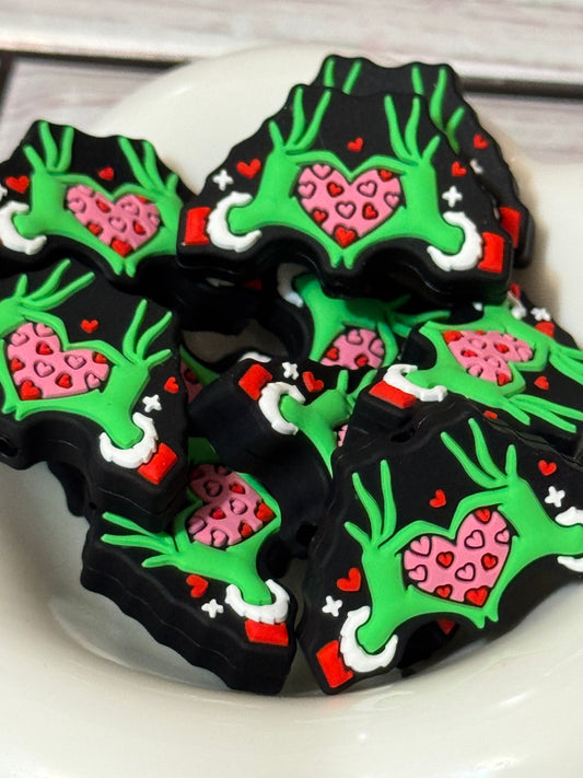 Grinchy Heart Hands Christmas Silicone bead -1